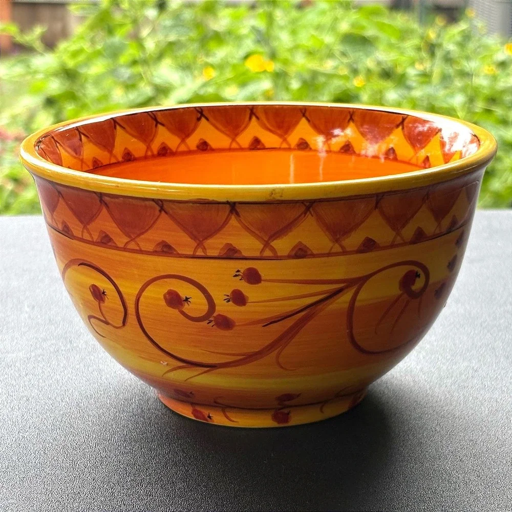 Pier 1 Karistan Hand Painted Earthenware Bowl Orange Yellow Red Berry Vine